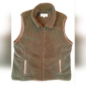Orvis Sherpa Vest Mens XL Olive Green Leather Trim Full Zip Outdoor Workwear
